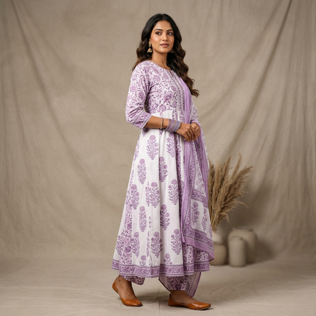 Pure Cotton Anarkali Suit Set With Dupatta